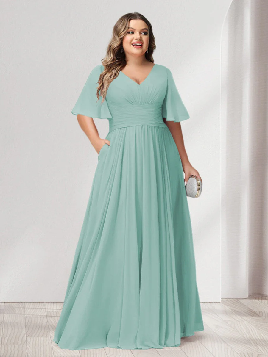 A-Line/Princess V-Neck Half Sleeves Chiffon Plus Size Bridesmaid Dresses with Pockets - Image 56