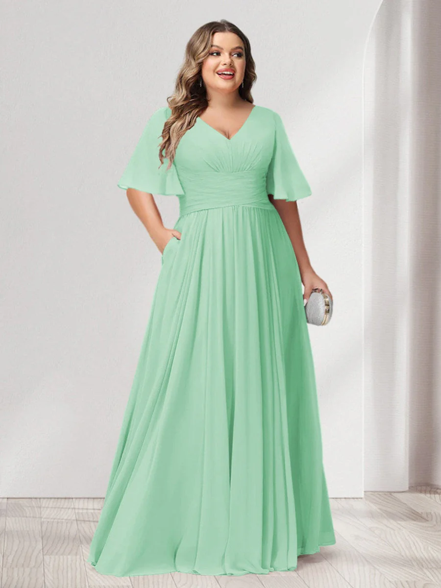 A-Line/Princess V-Neck Half Sleeves Chiffon Plus Size Bridesmaid Dresses with Pockets - Image 57
