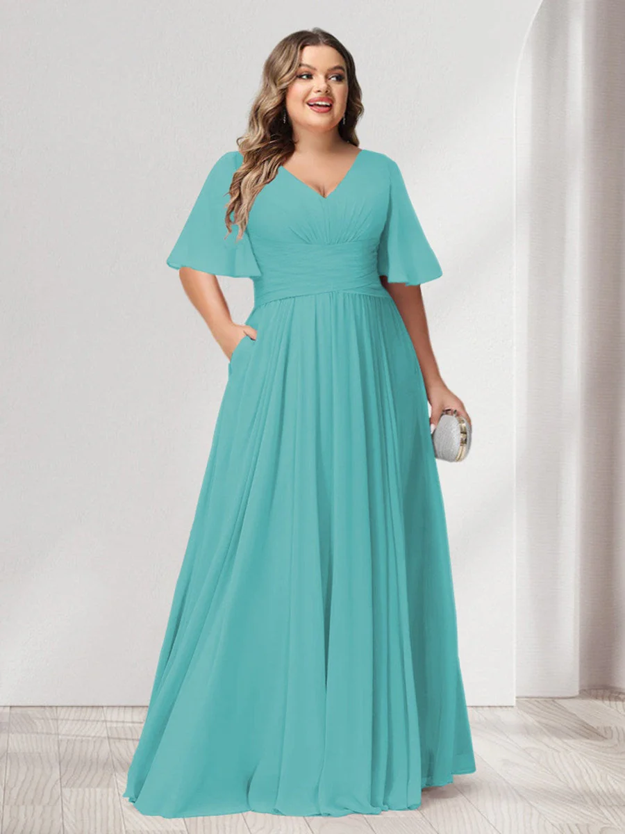 A-Line/Princess V-Neck Half Sleeves Chiffon Plus Size Bridesmaid Dresses with Pockets - Image 59