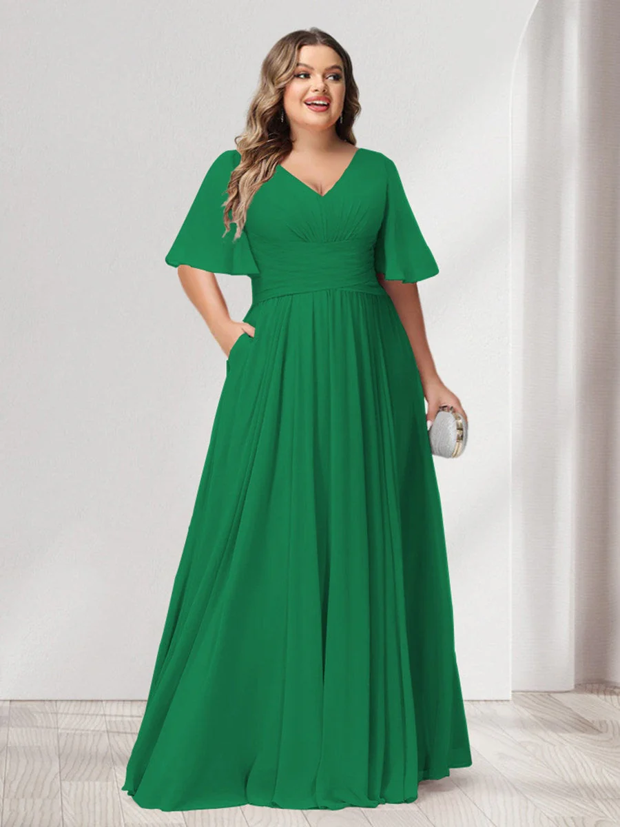 A-Line/Princess V-Neck Half Sleeves Chiffon Plus Size Bridesmaid Dresses with Pockets - Image 60