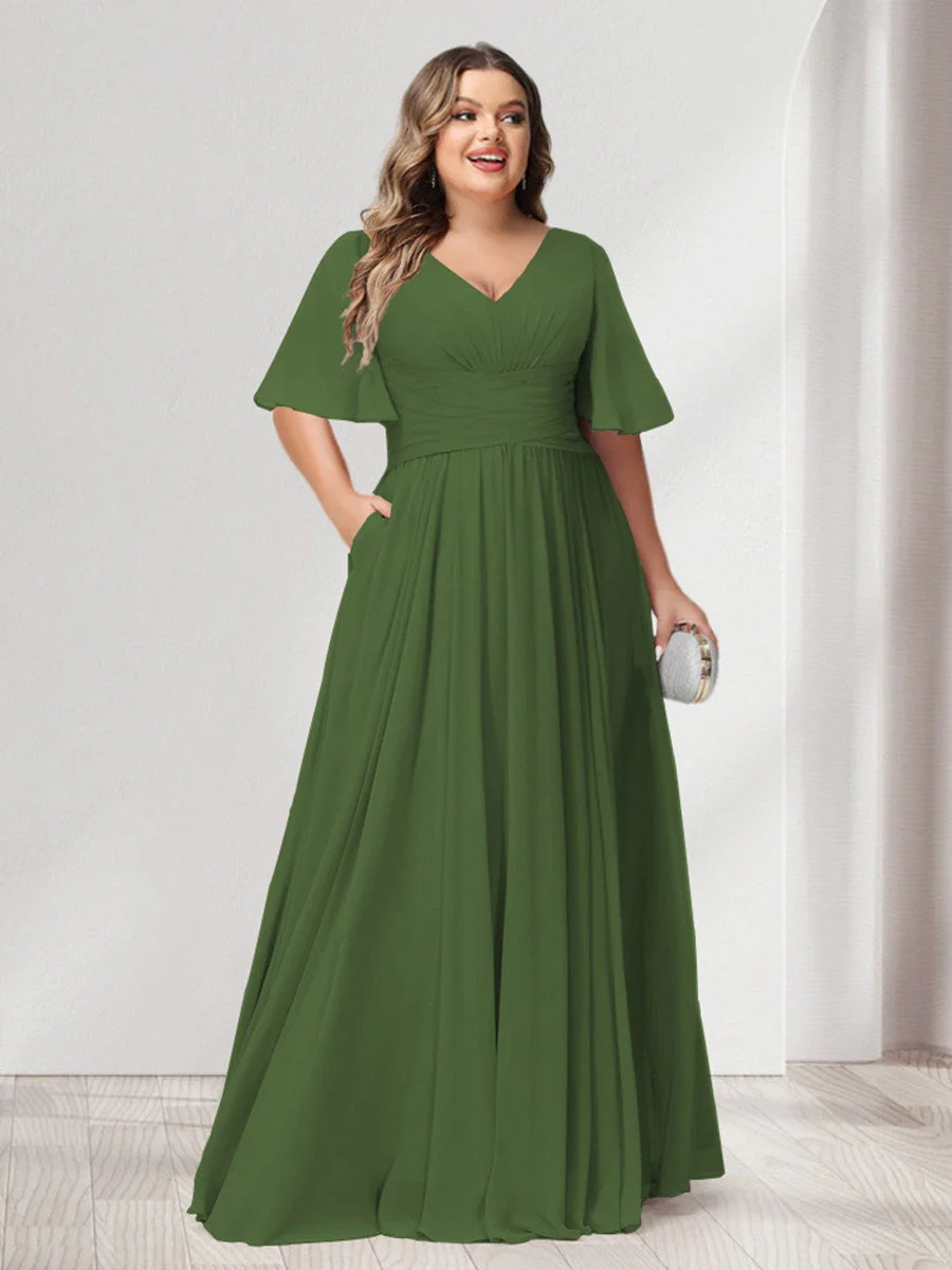 A-Line/Princess V-Neck Half Sleeves Chiffon Plus Size Bridesmaid Dresses with Pockets - Image 61
