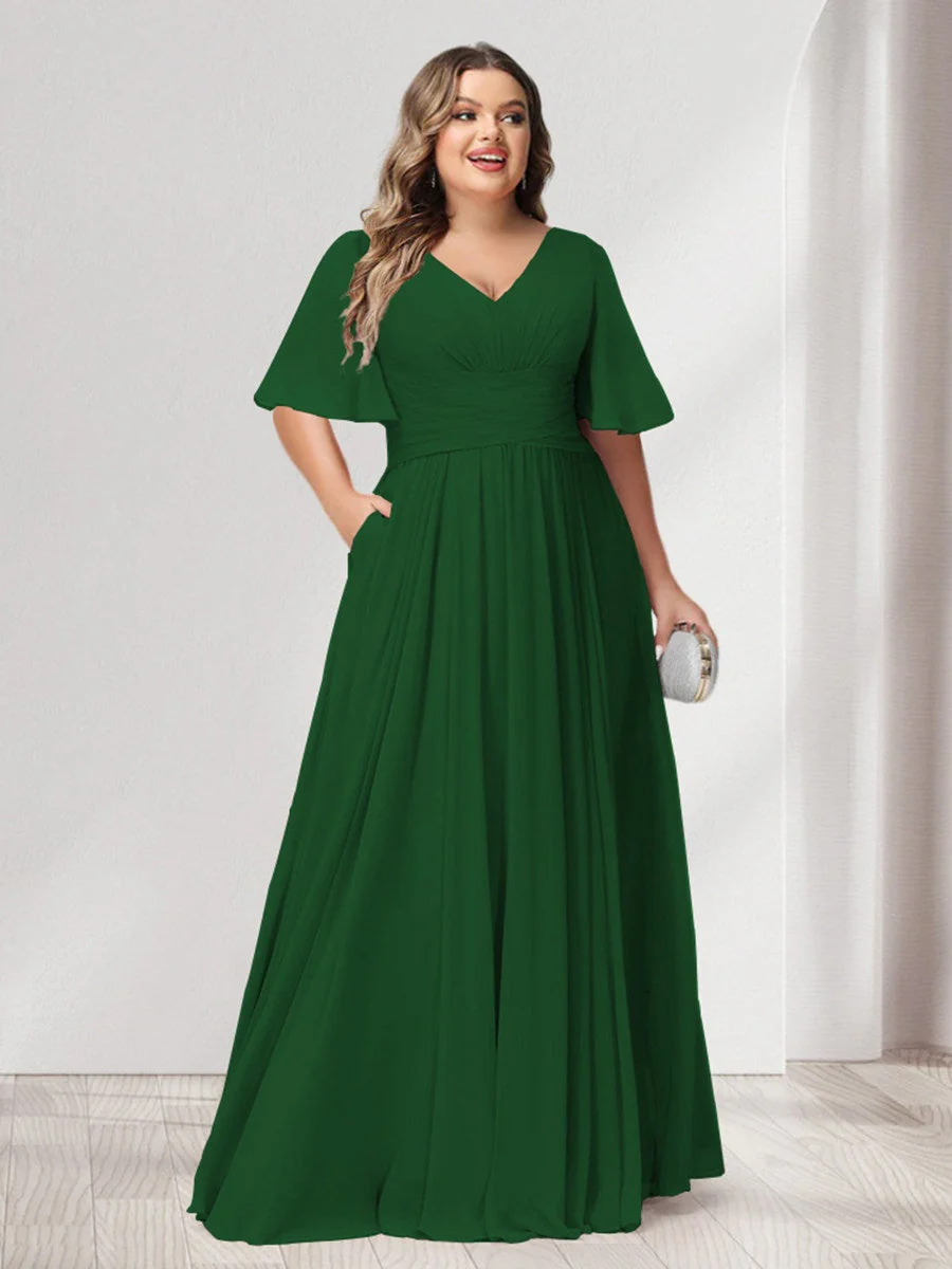 A-Line/Princess V-Neck Half Sleeves Chiffon Plus Size Bridesmaid Dresses with Pockets - Image 63