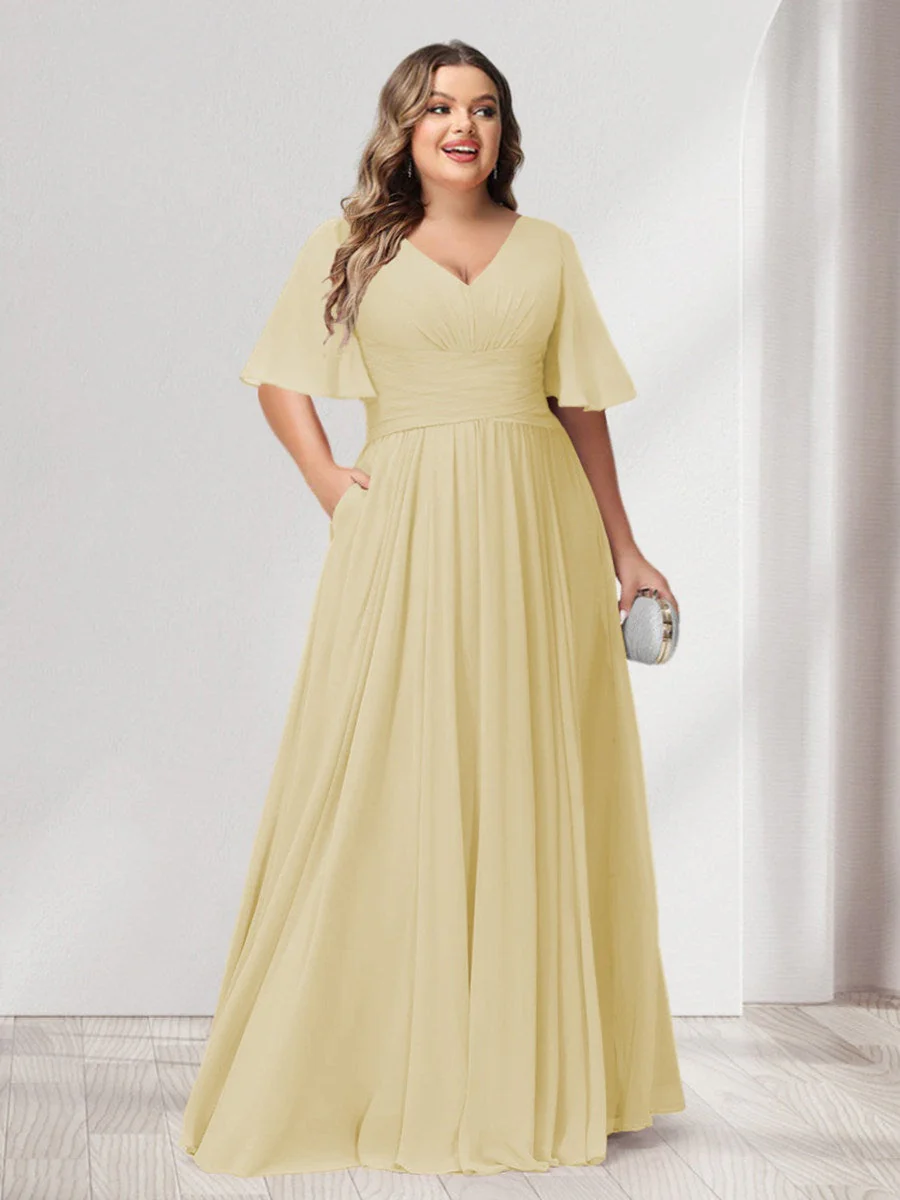 A-Line/Princess V-Neck Half Sleeves Chiffon Plus Size Bridesmaid Dresses with Pockets - Image 64