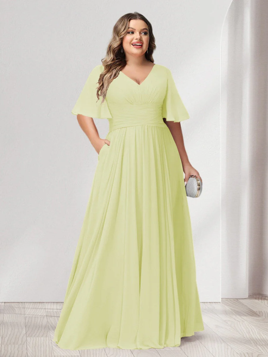 A-Line/Princess V-Neck Half Sleeves Chiffon Plus Size Bridesmaid Dresses with Pockets - Image 65