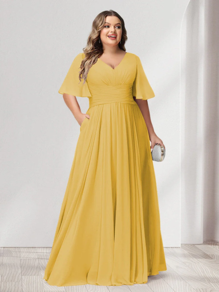 A-Line/Princess V-Neck Half Sleeves Chiffon Plus Size Bridesmaid Dresses with Pockets - Image 67