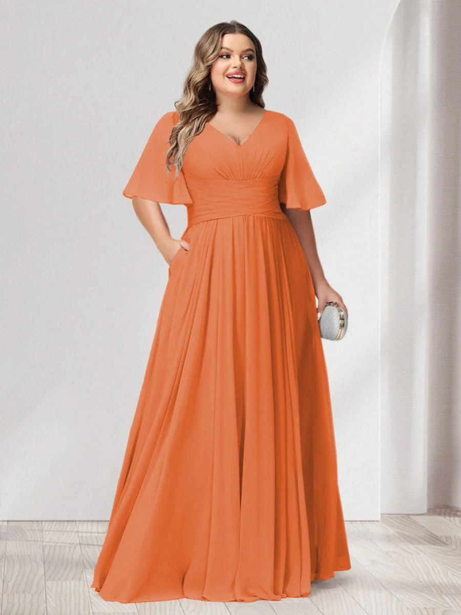 A-Line/Princess V-Neck Half Sleeves Chiffon Plus Size Bridesmaid Dresses with Pockets - Image 68
