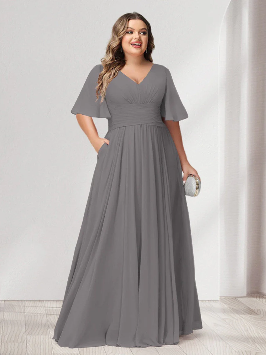 A-Line/Princess V-Neck Half Sleeves Chiffon Plus Size Bridesmaid Dresses with Pockets - Image 70