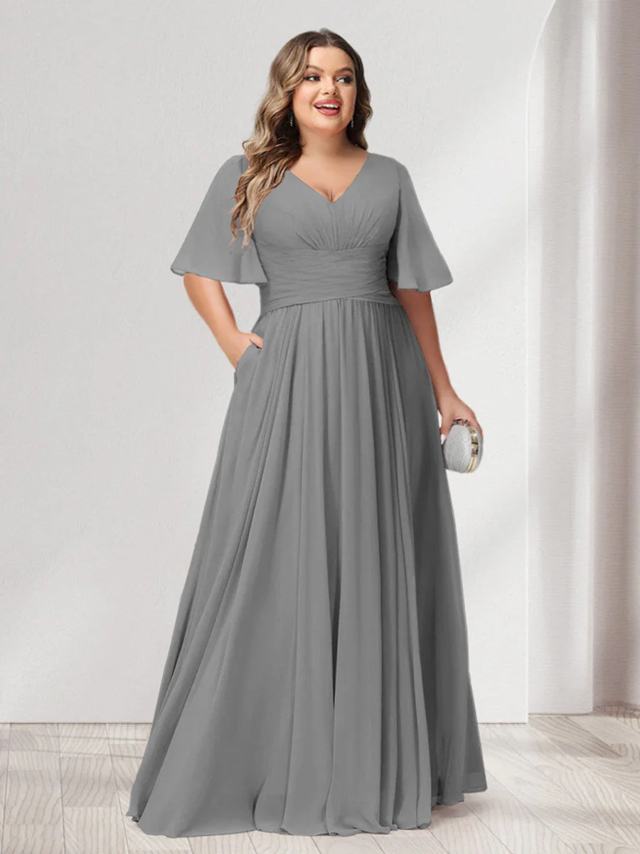 A-Line/Princess V-Neck Half Sleeves Chiffon Plus Size Bridesmaid Dresses with Pockets - Image 71