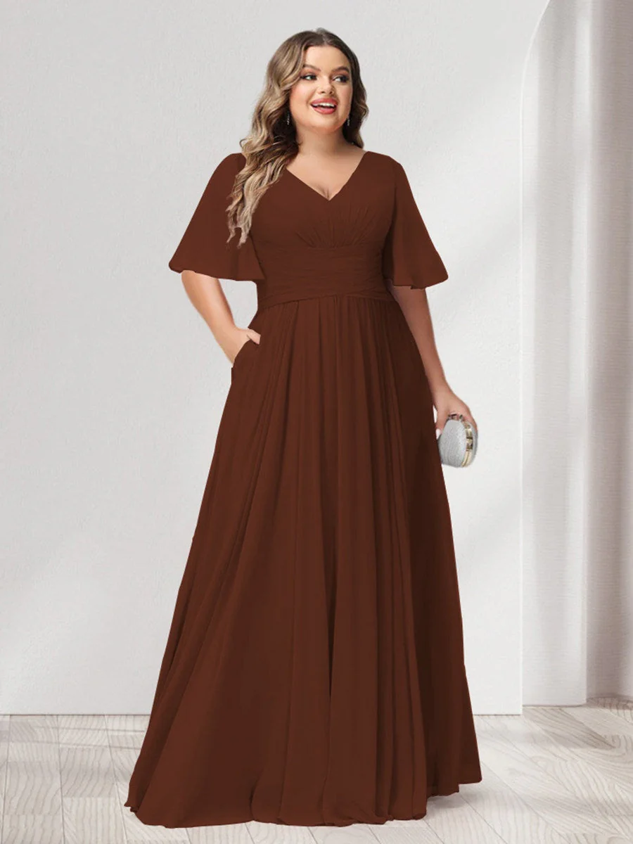 A-Line/Princess V-Neck Half Sleeves Chiffon Plus Size Bridesmaid Dresses with Pockets - Image 72
