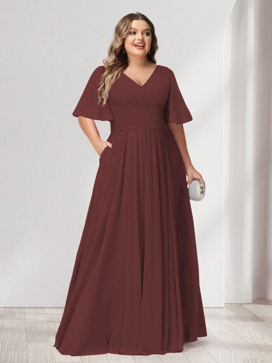 A-Line/Princess V-Neck Half Sleeves Chiffon Plus Size Bridesmaid Dresses with Pockets - Image 8