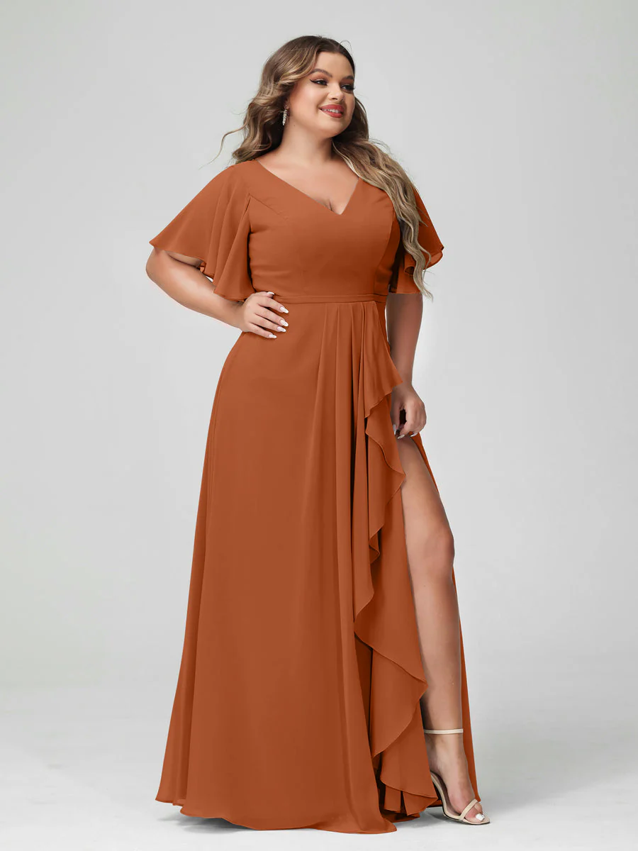 A-Line/Princess V-Neck Half Sleeves Chiffon Plus Size Bridesmaid Dresses with Split Side & Ruffles - Image 10