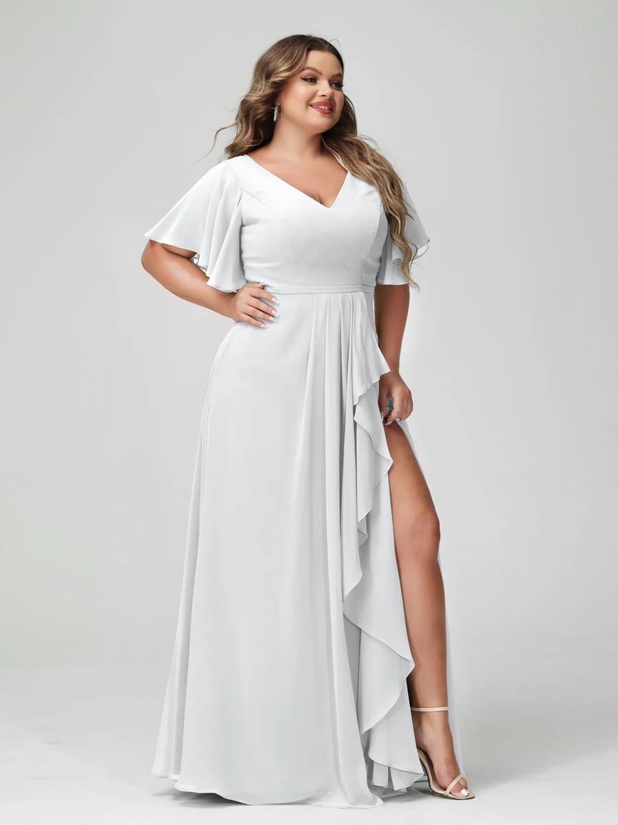 A-Line/Princess V-Neck Half Sleeves Chiffon Plus Size Bridesmaid Dresses with Split Side & Ruffles - Image 20