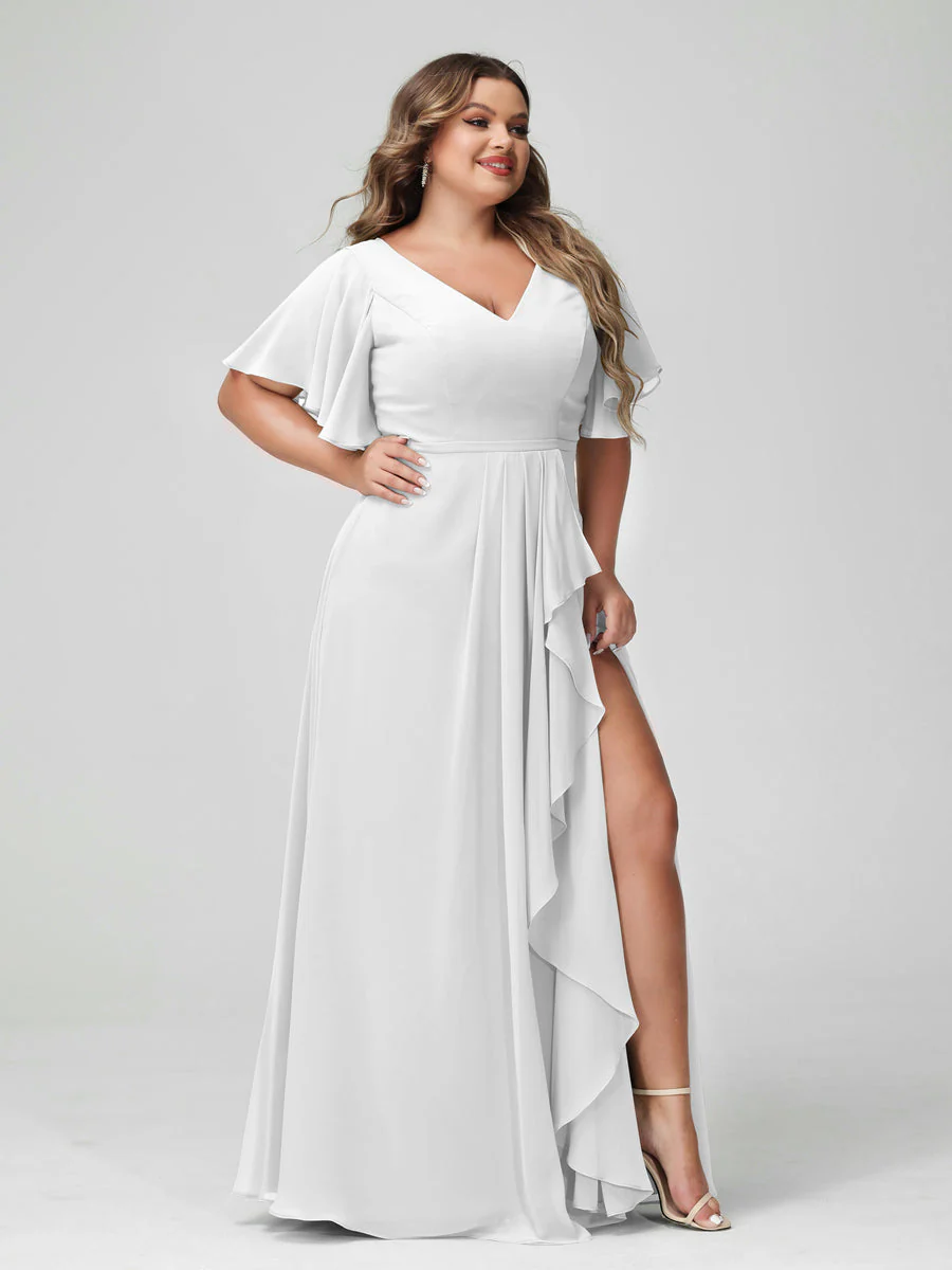 A-Line/Princess V-Neck Half Sleeves Chiffon Plus Size Bridesmaid Dresses with Split Side & Ruffles - Image 21