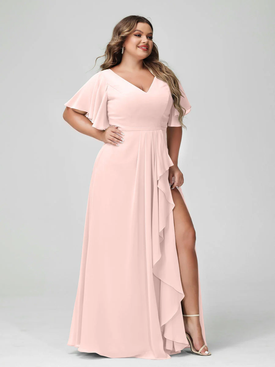 A-Line/Princess V-Neck Half Sleeves Chiffon Plus Size Bridesmaid Dresses with Split Side & Ruffles - Image 28
