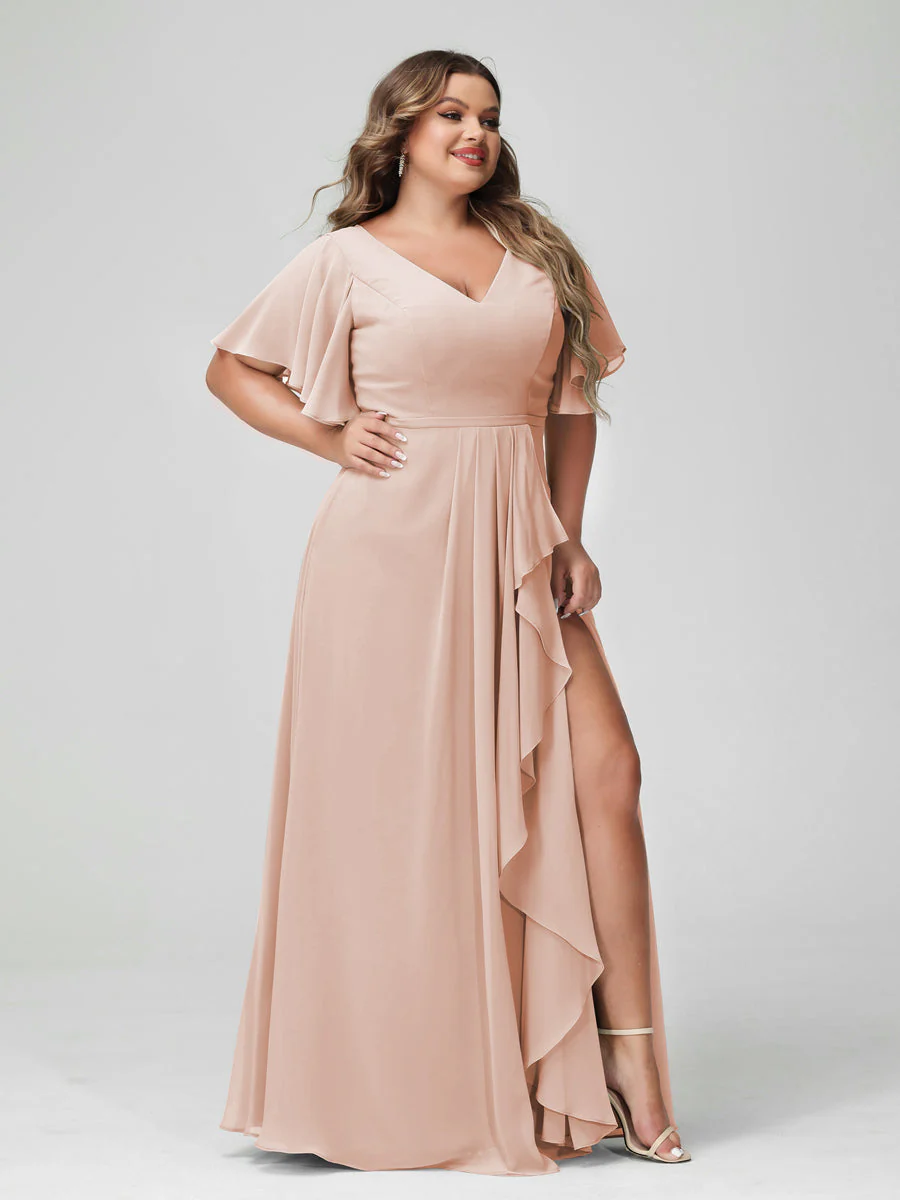 A-Line/Princess V-Neck Half Sleeves Chiffon Plus Size Bridesmaid Dresses with Split Side & Ruffles - Image 29