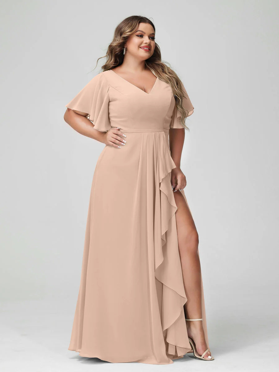A-Line/Princess V-Neck Half Sleeves Chiffon Plus Size Bridesmaid Dresses with Split Side & Ruffles - Image 30