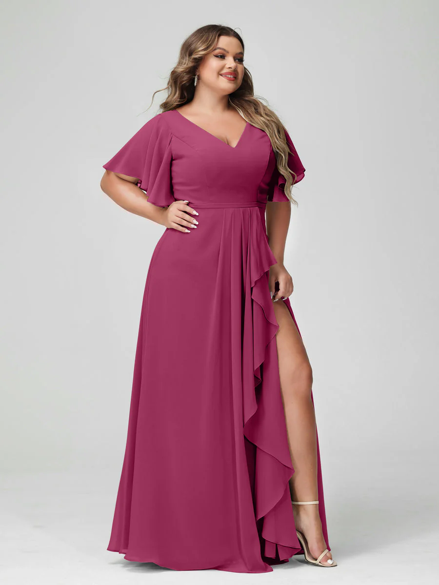 A-Line/Princess V-Neck Half Sleeves Chiffon Plus Size Bridesmaid Dresses with Split Side & Ruffles - Image 36