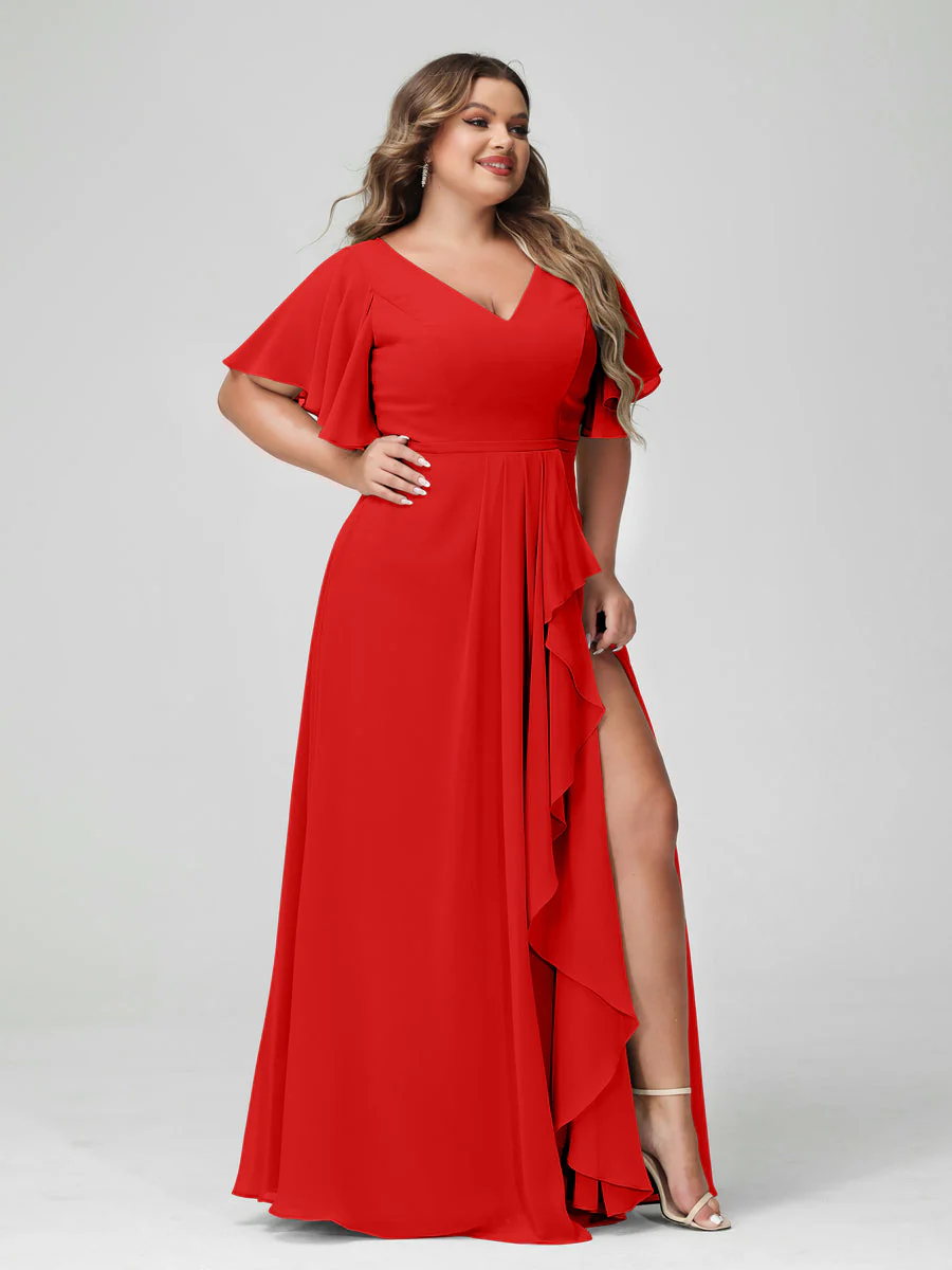 A-Line/Princess V-Neck Half Sleeves Chiffon Plus Size Bridesmaid Dresses with Split Side & Ruffles - Image 37