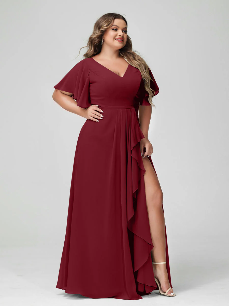 A-Line/Princess V-Neck Half Sleeves Chiffon Plus Size Bridesmaid Dresses with Split Side & Ruffles - Image 38
