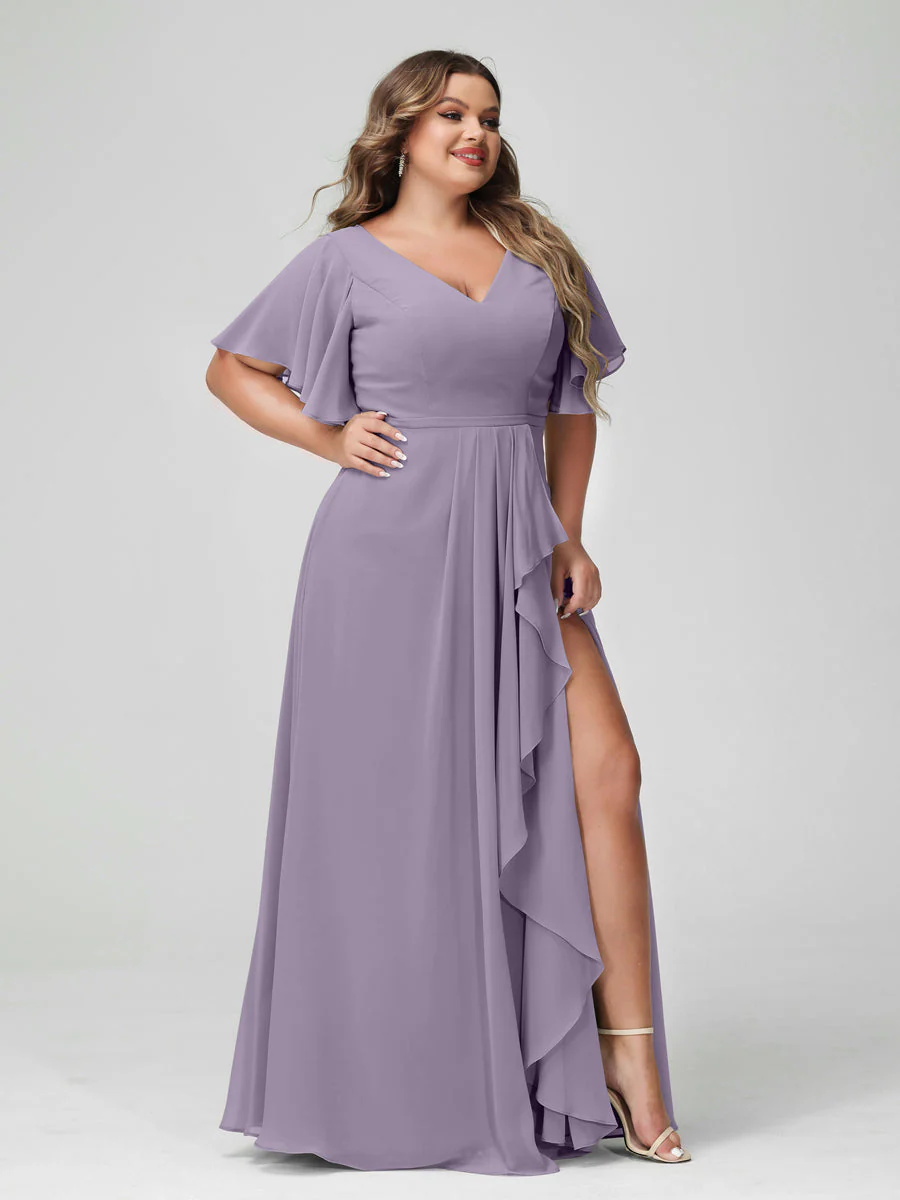 A-Line/Princess V-Neck Half Sleeves Chiffon Plus Size Bridesmaid Dresses with Split Side & Ruffles - Image 40