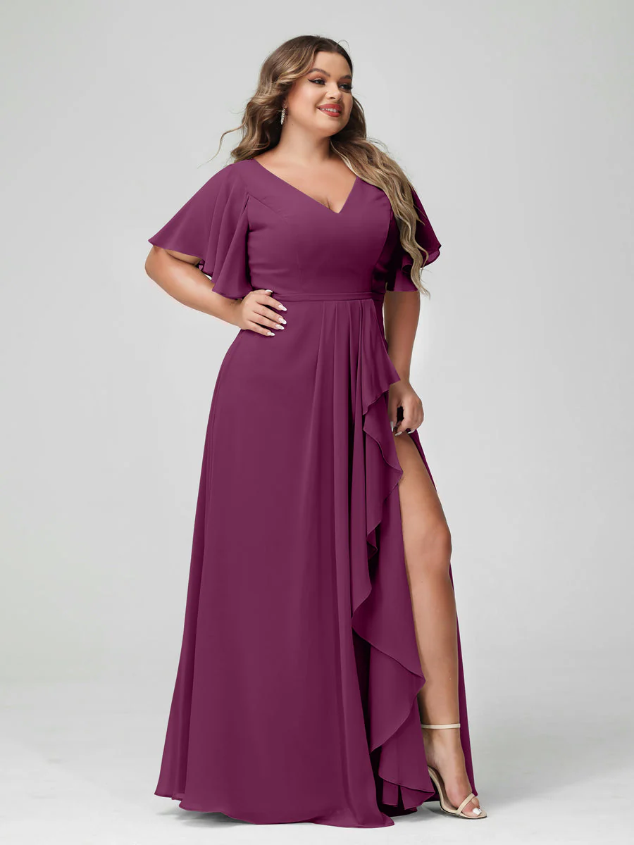 A-Line/Princess V-Neck Half Sleeves Chiffon Plus Size Bridesmaid Dresses with Split Side & Ruffles - Image 45