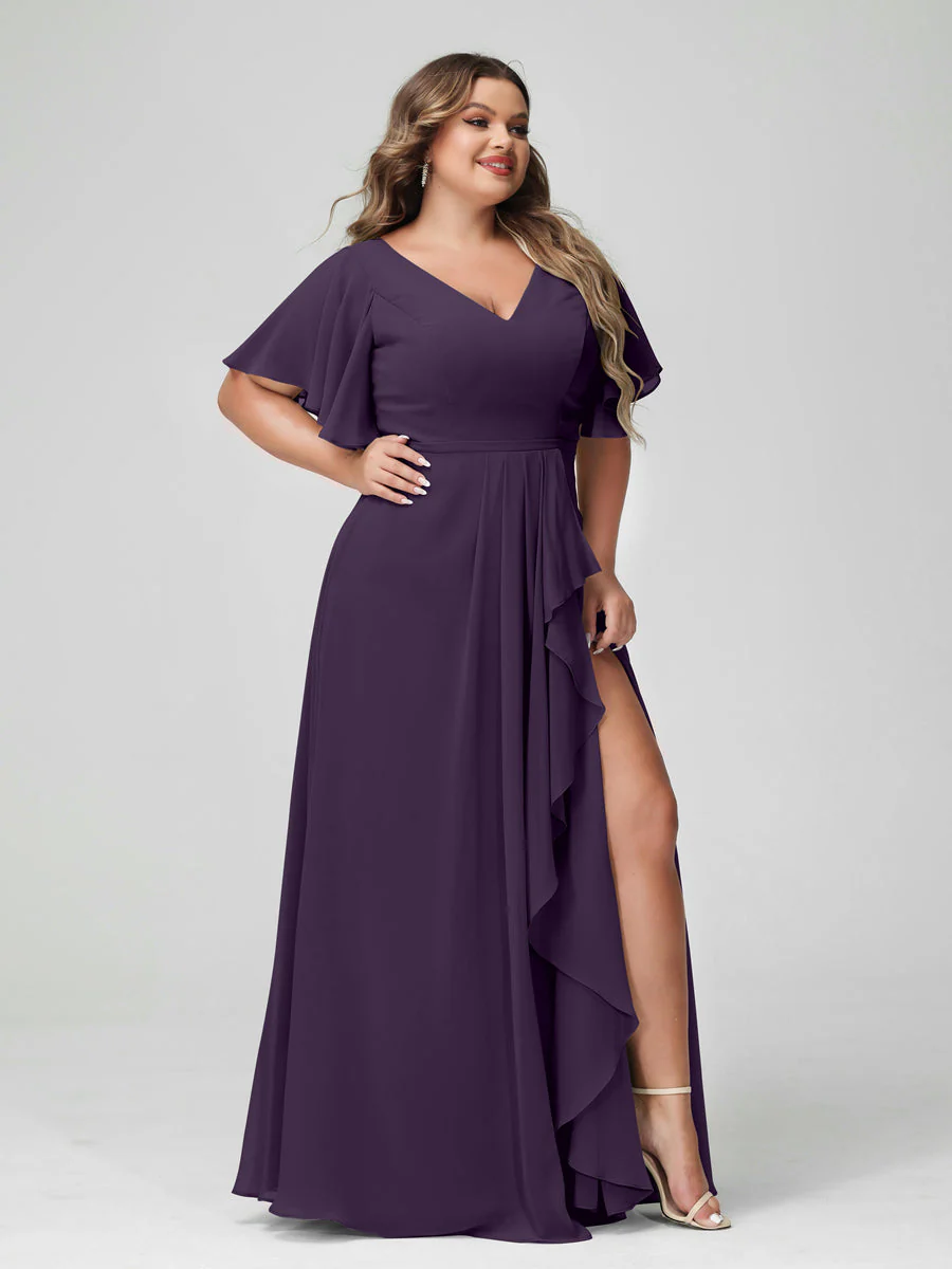 A-Line/Princess V-Neck Half Sleeves Chiffon Plus Size Bridesmaid Dresses with Split Side & Ruffles - Image 46