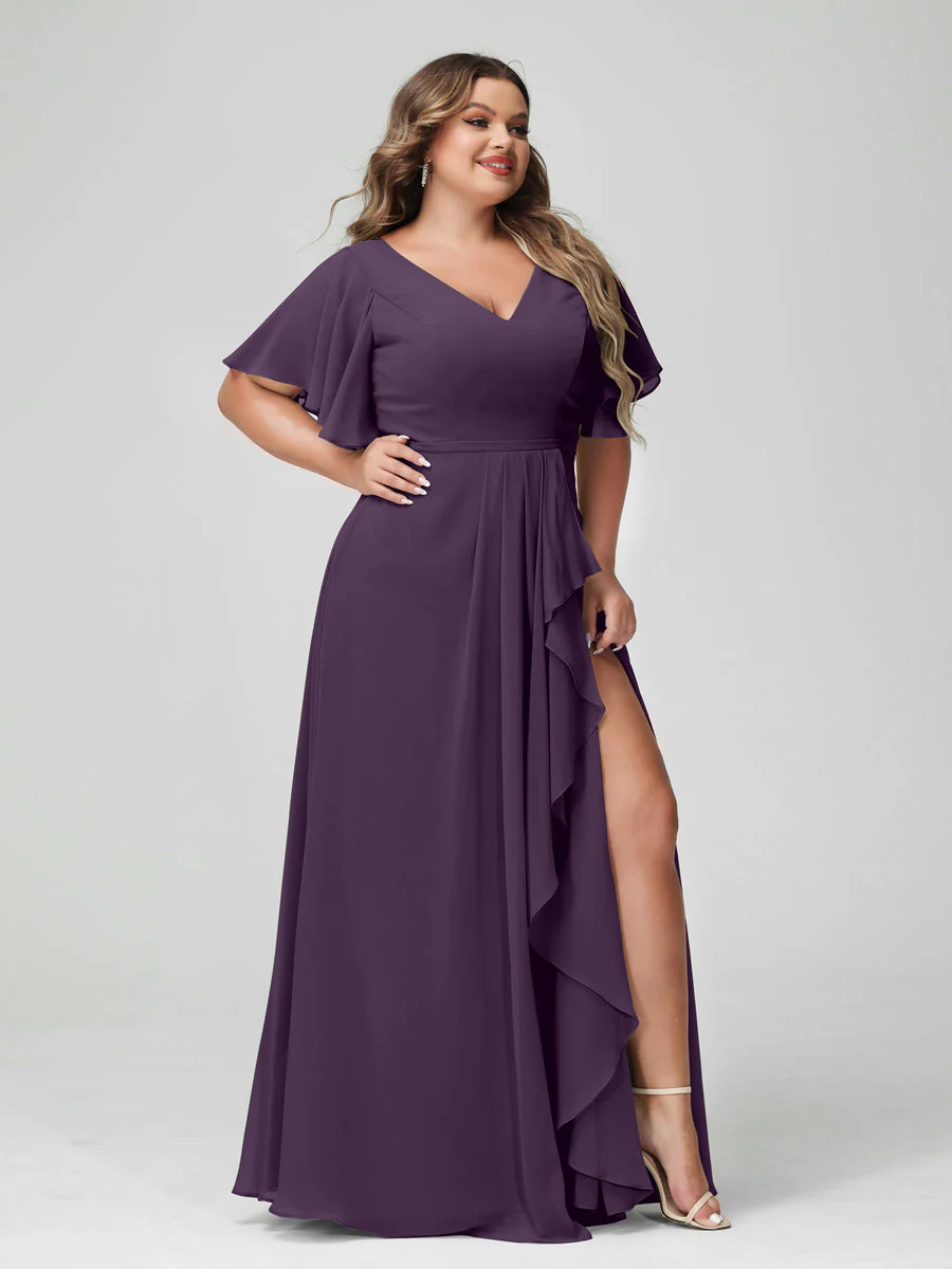 A-Line/Princess V-Neck Half Sleeves Chiffon Plus Size Bridesmaid Dresses with Split Side & Ruffles - Image 47