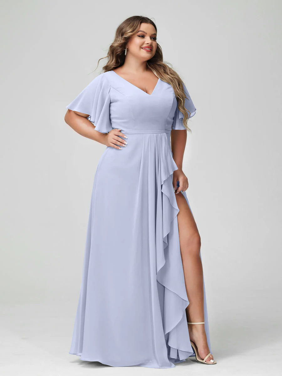 A-Line/Princess V-Neck Half Sleeves Chiffon Plus Size Bridesmaid Dresses with Split Side & Ruffles - Image 49