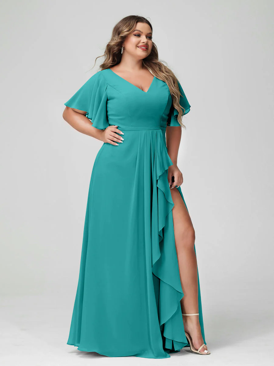 A-Line/Princess V-Neck Half Sleeves Chiffon Plus Size Bridesmaid Dresses with Split Side & Ruffles - Image 53