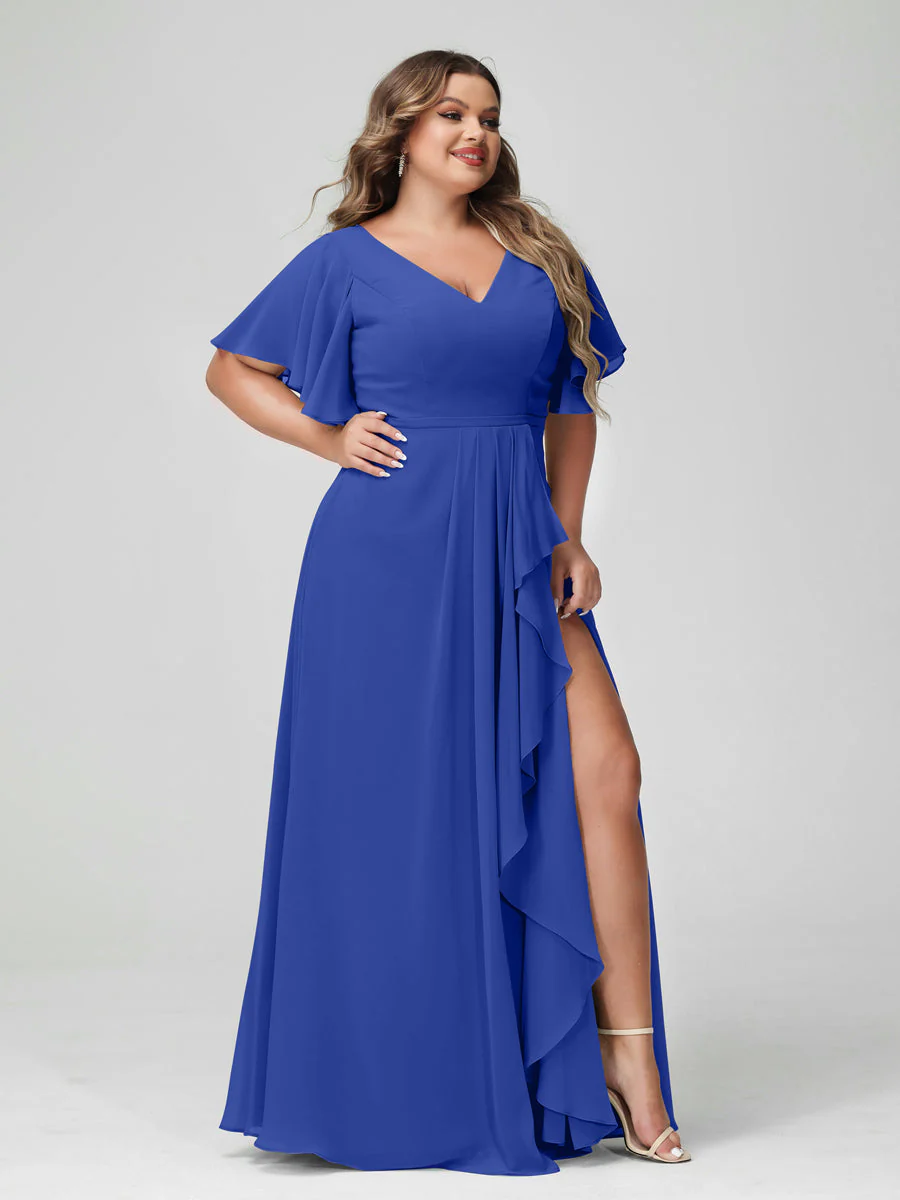 A-Line/Princess V-Neck Half Sleeves Chiffon Plus Size Bridesmaid Dresses with Split Side & Ruffles - Image 55