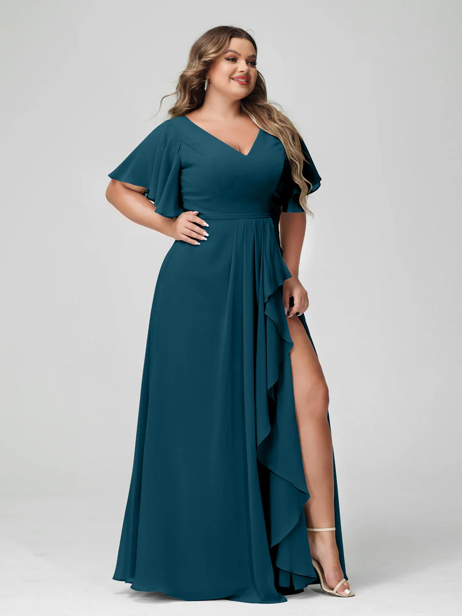 A-Line/Princess V-Neck Half Sleeves Chiffon Plus Size Bridesmaid Dresses with Split Side & Ruffles - Image 59