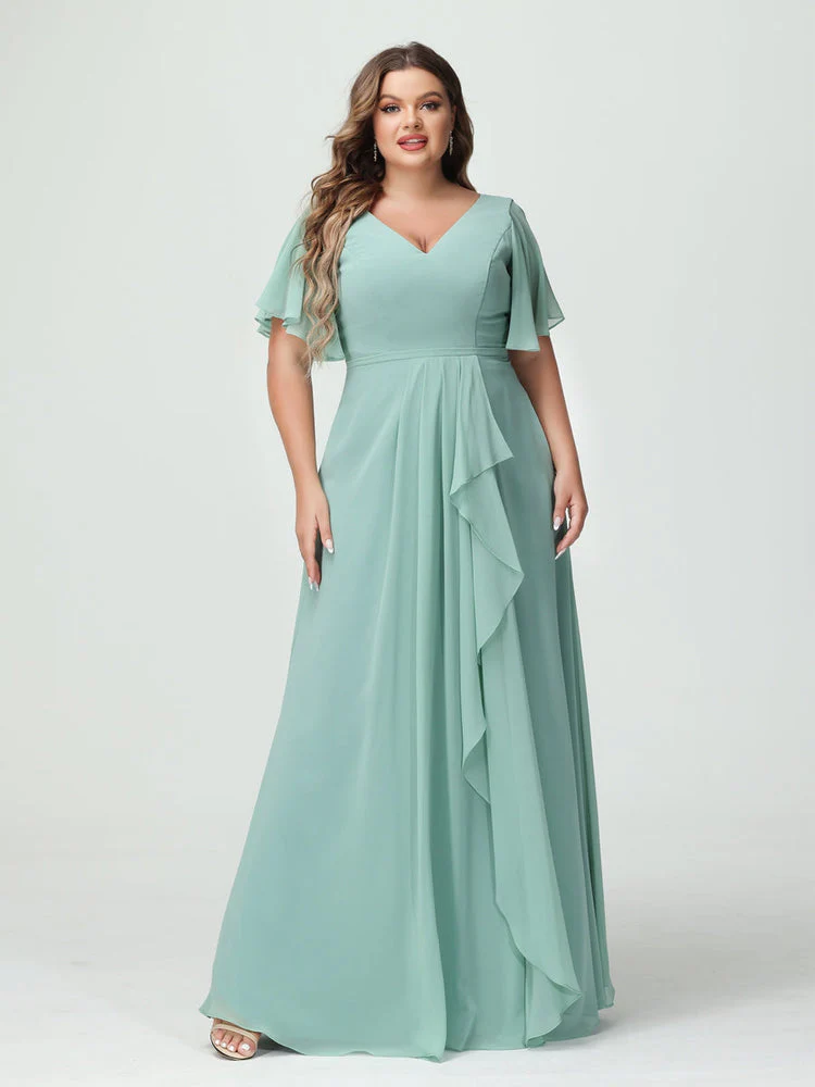A-Line/Princess V-Neck Half Sleeves Chiffon Plus Size Bridesmaid Dresses with Split Side & Ruffles - Image 6