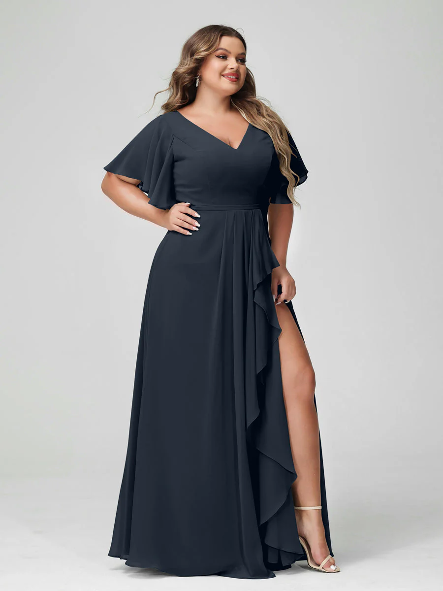 A-Line/Princess V-Neck Half Sleeves Chiffon Plus Size Bridesmaid Dresses with Split Side & Ruffles - Image 60