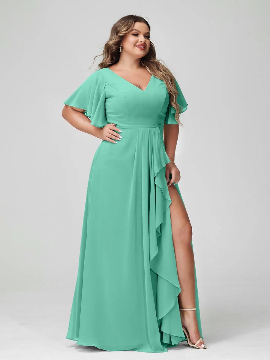 A-Line/Princess V-Neck Half Sleeves Chiffon Plus Size Bridesmaid Dresses with Split Side & Ruffles - Image 63