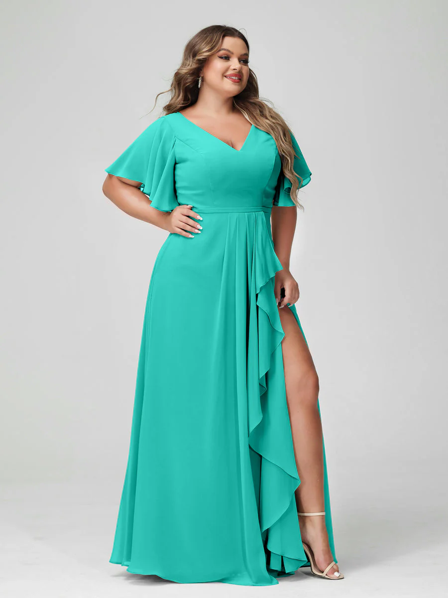 A-Line/Princess V-Neck Half Sleeves Chiffon Plus Size Bridesmaid Dresses with Split Side & Ruffles - Image 64