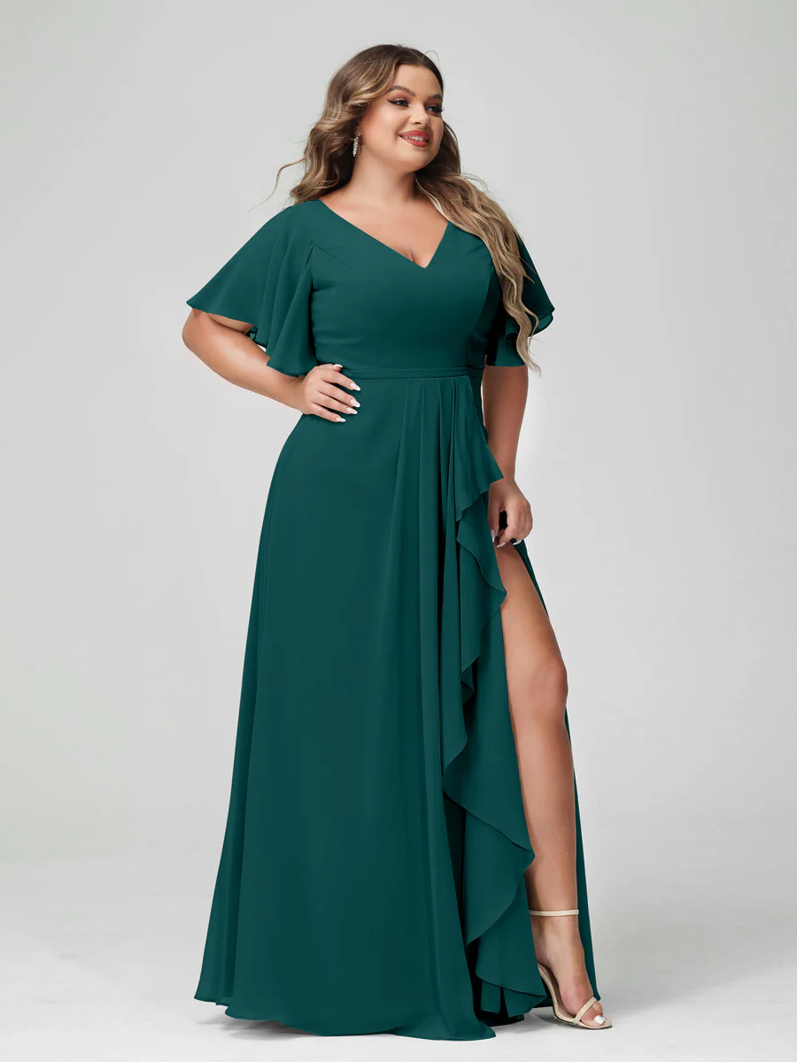 A-Line/Princess V-Neck Half Sleeves Chiffon Plus Size Bridesmaid Dresses with Split Side & Ruffles - Image 67
