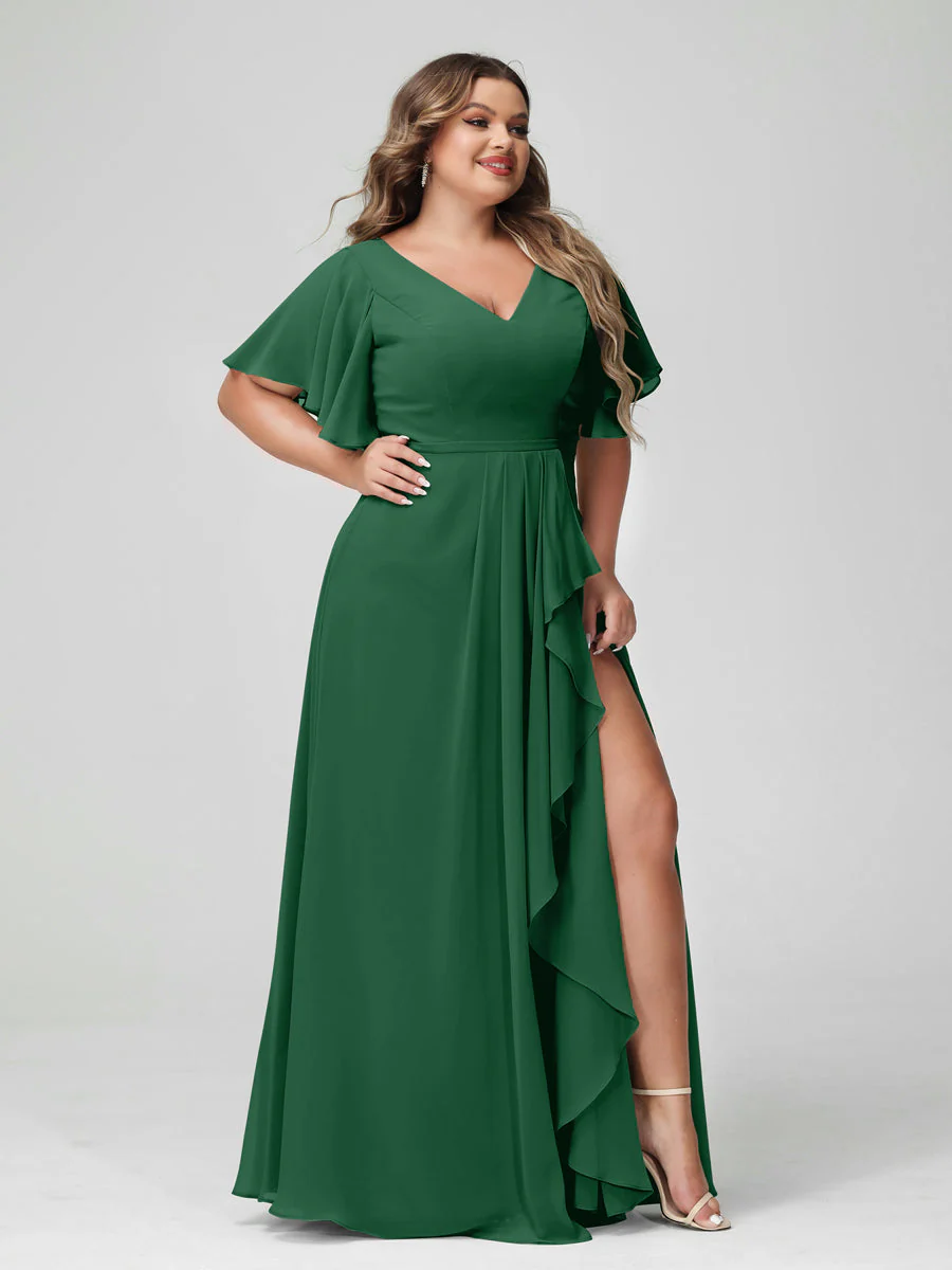 A-Line/Princess V-Neck Half Sleeves Chiffon Plus Size Bridesmaid Dresses with Split Side & Ruffles - Image 68