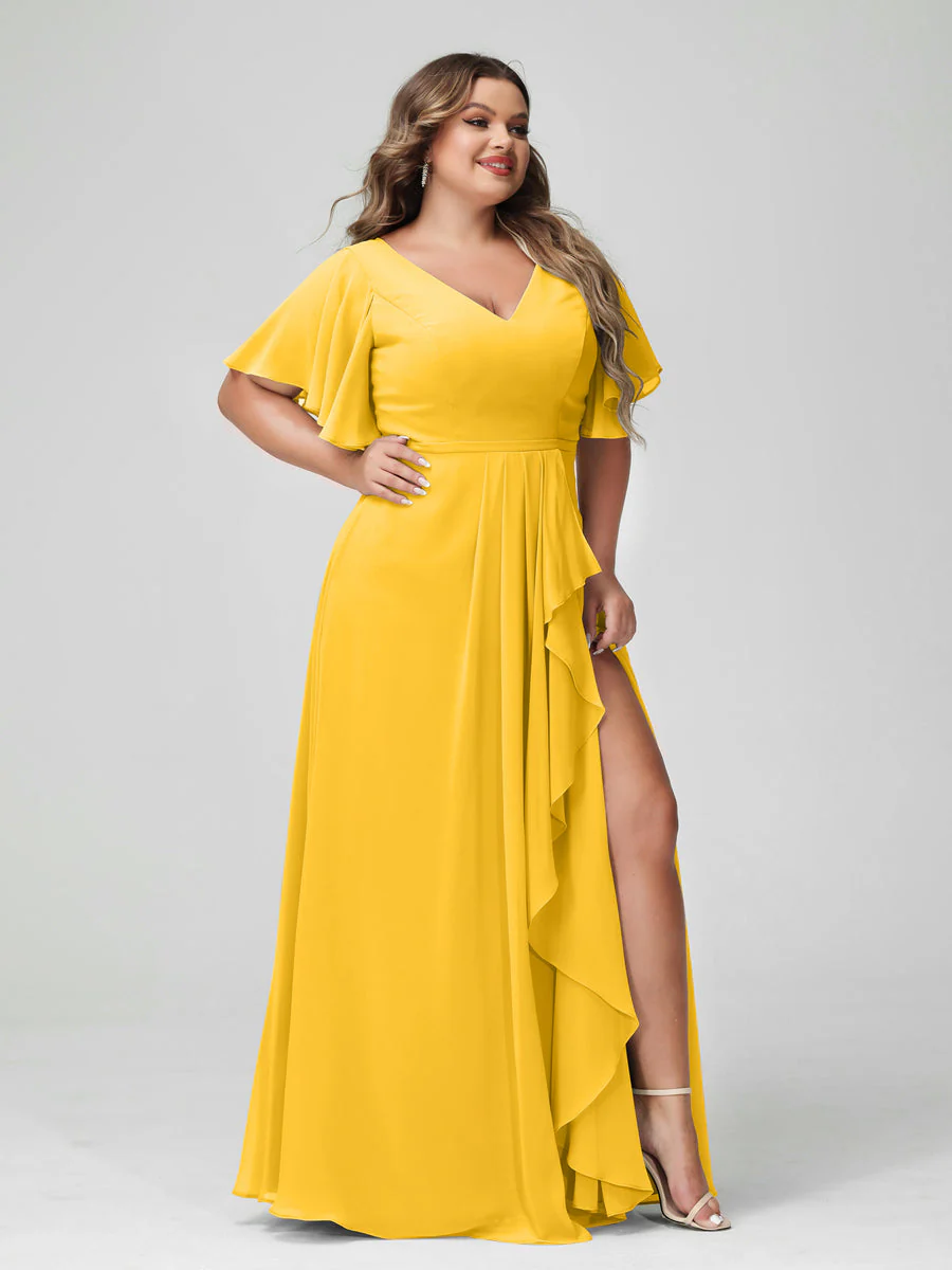 A-Line/Princess V-Neck Half Sleeves Chiffon Plus Size Bridesmaid Dresses with Split Side & Ruffles - Image 72