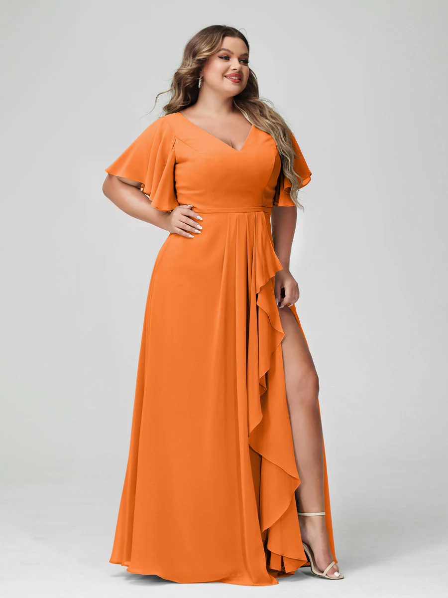 A-Line/Princess V-Neck Half Sleeves Chiffon Plus Size Bridesmaid Dresses with Split Side & Ruffles - Image 73