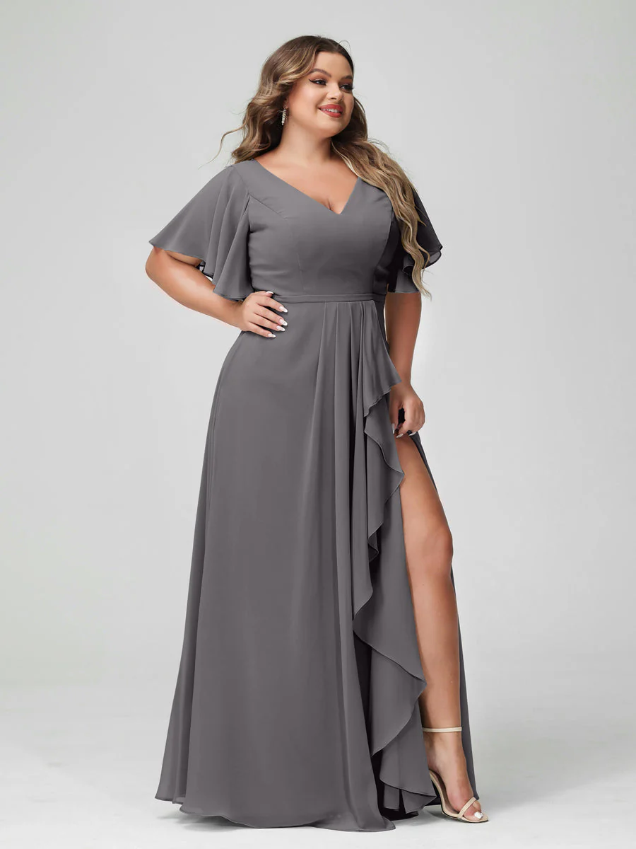A-Line/Princess V-Neck Half Sleeves Chiffon Plus Size Bridesmaid Dresses with Split Side & Ruffles - Image 75