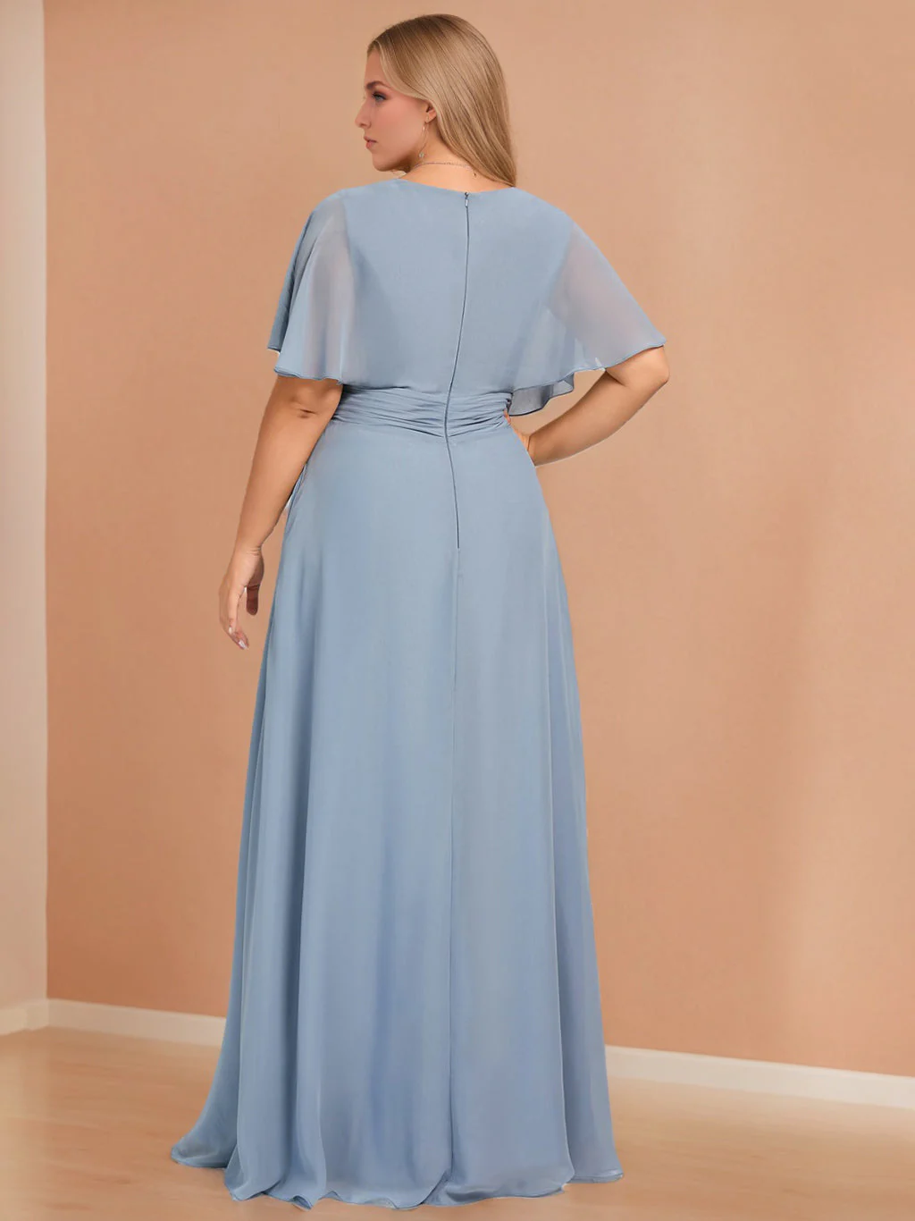 A-Line/Princess V-Neck Half Sleeves Floor-Length Chiffon Plus Size Bridesmaid Dresses with Ruffles - Image 2
