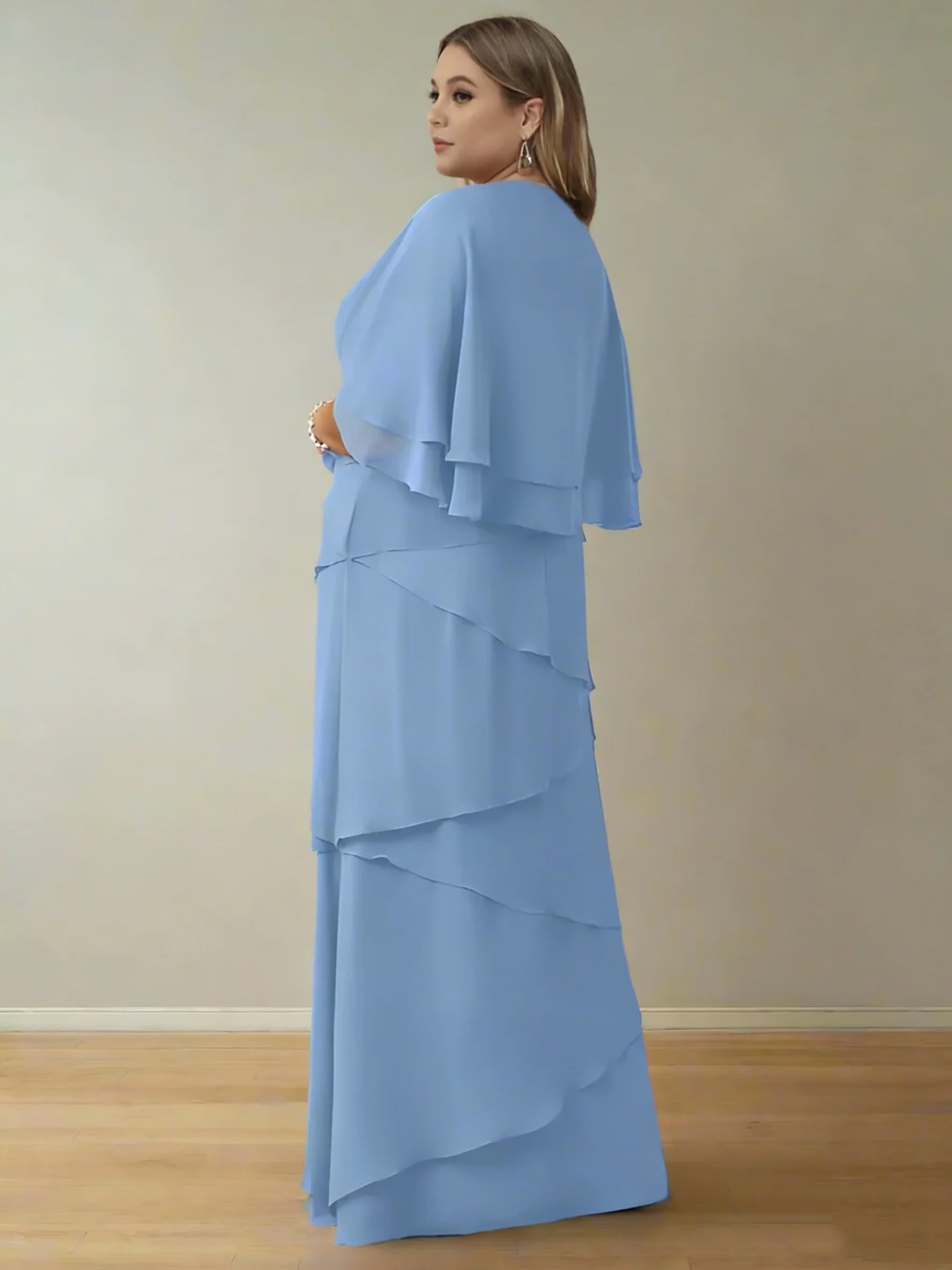 A-Line/Princess V-Neck Half Sleeves Floor-Length Plus Size Mother of the Bride Dresses with Ruffles - Image 2