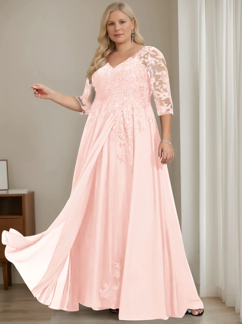 A-Line/Princess V-Neck Half Sleeves Floor-Length Plus Size Mother of the Bride Dresses with Sequins - Image 26