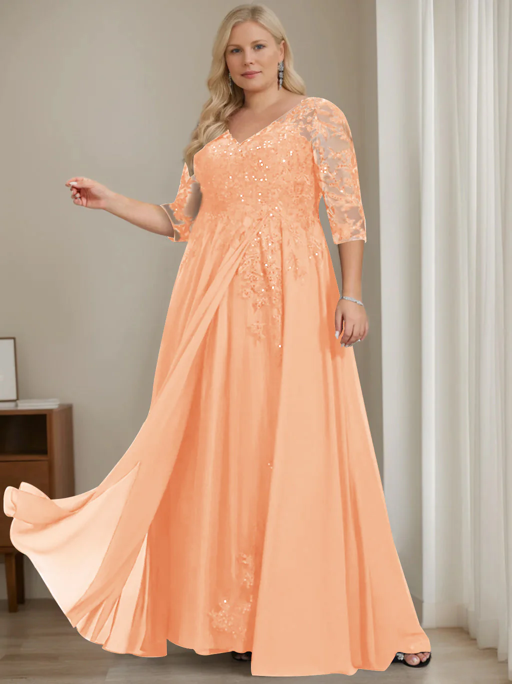 A-Line/Princess V-Neck Half Sleeves Floor-Length Plus Size Mother of the Bride Dresses with Sequins - Image 31