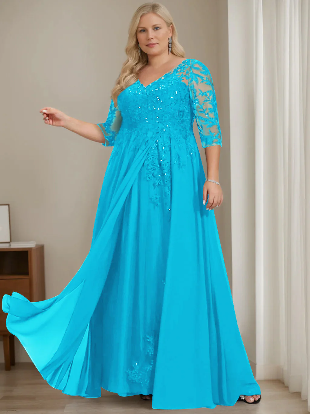 A-Line/Princess V-Neck Half Sleeves Floor-Length Plus Size Mother of the Bride Dresses with Sequins - Image 42