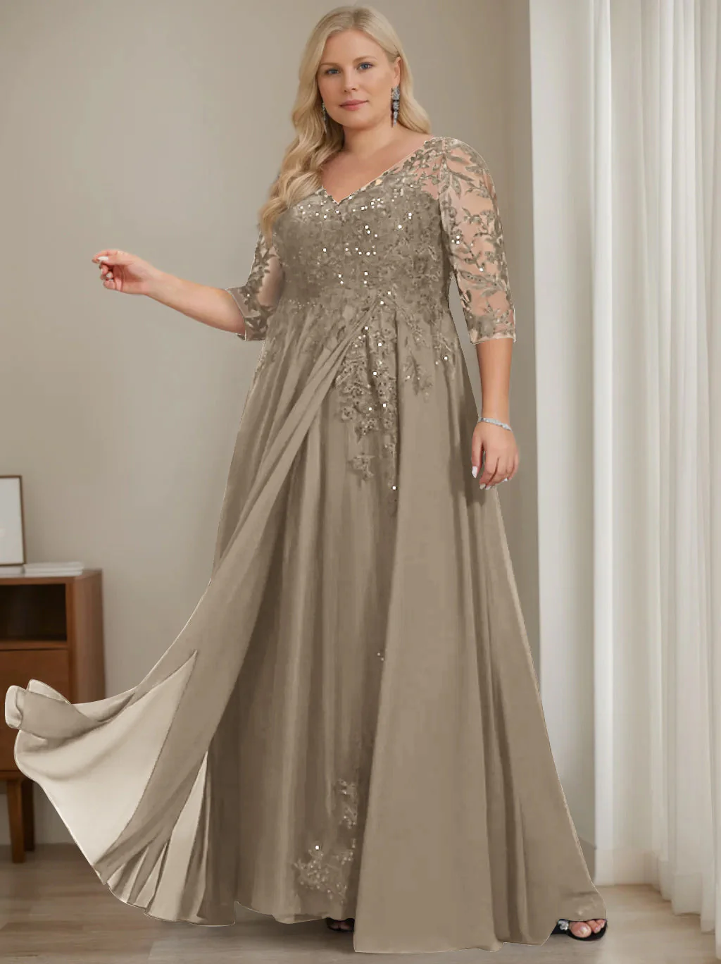 A-Line/Princess V-Neck Half Sleeves Floor-Length Plus Size Mother of the Bride Dresses with Sequins - Image 50