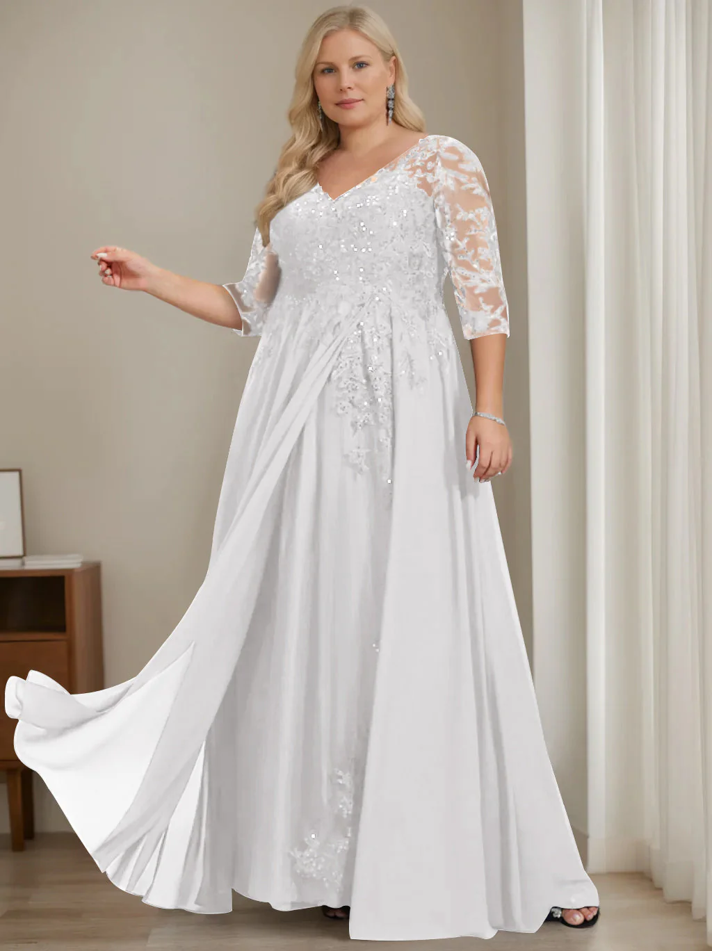 A-Line/Princess V-Neck Half Sleeves Floor-Length Plus Size Mother of the Bride Dresses with Sequins - Image 7