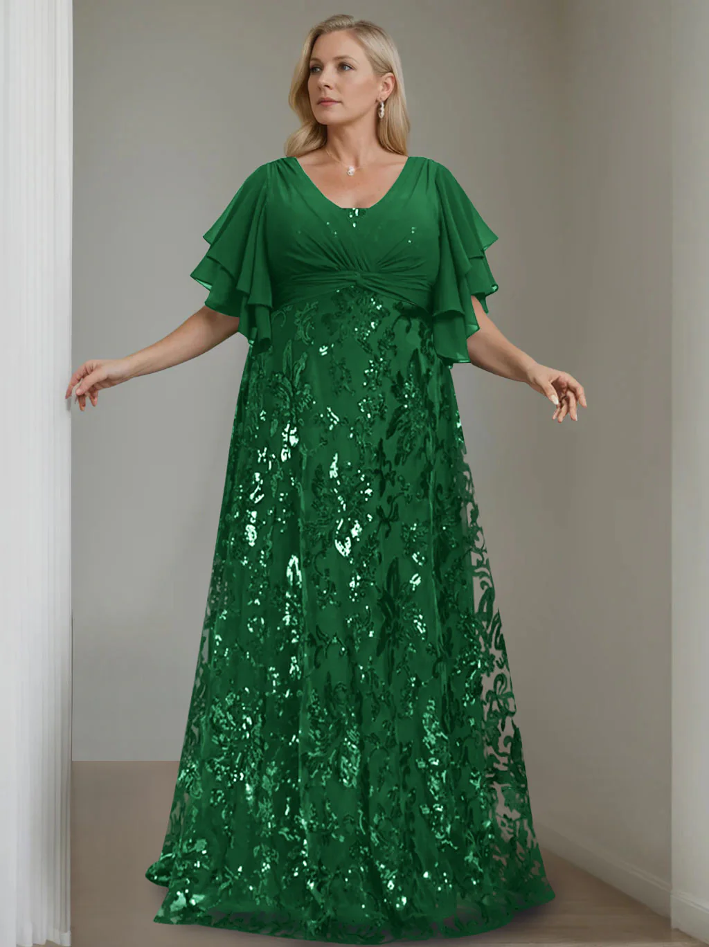A-Line/Princess V-Neck Half Sleeves Floor-Length Plus Size Mother of the Bride Dresses with Sequins - Image 14