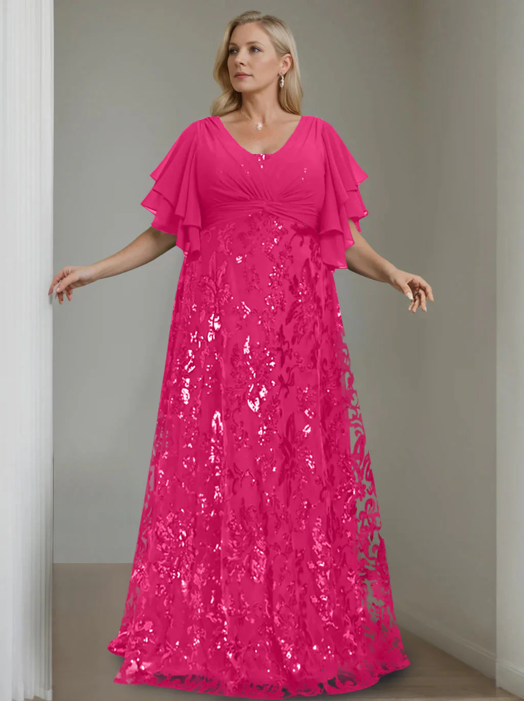 A-Line/Princess V-Neck Half Sleeves Floor-Length Plus Size Mother of the Bride Dresses with Sequins - Image 20