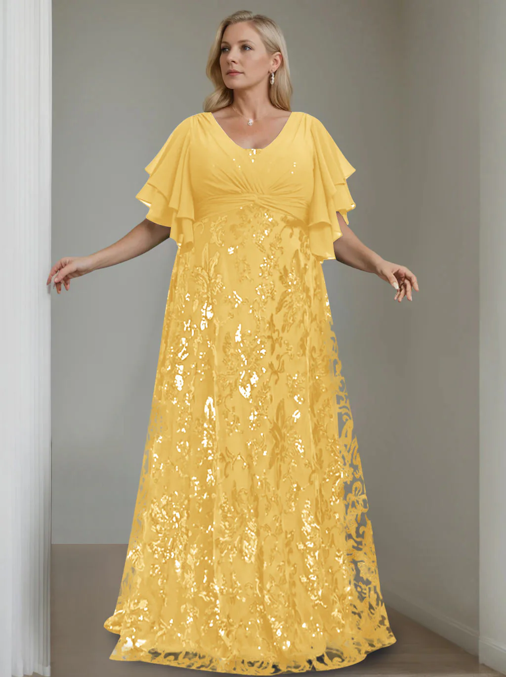 A-Line/Princess V-Neck Half Sleeves Floor-Length Plus Size Mother of the Bride Dresses with Sequins - Image 21